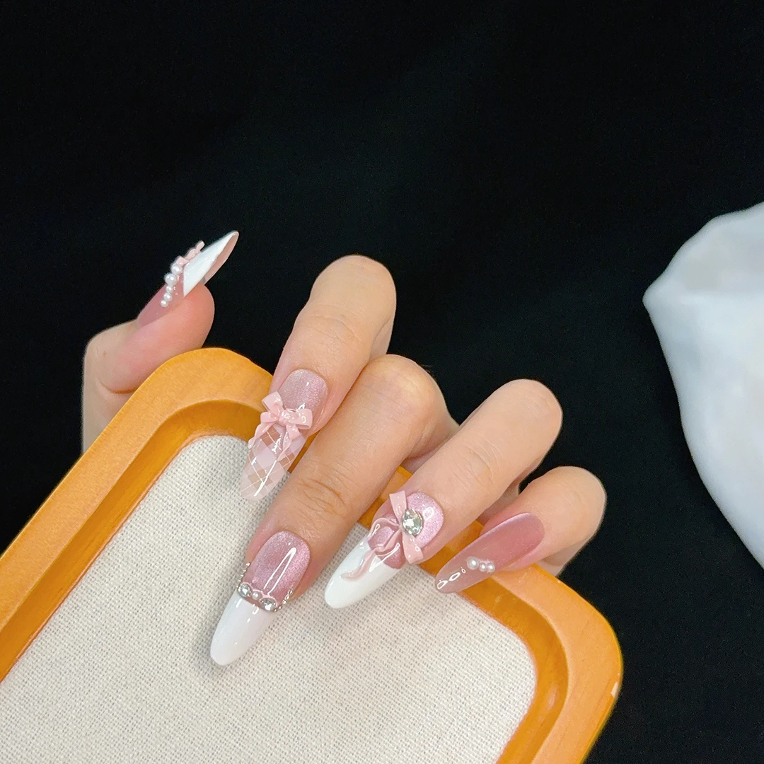 手工穿戴甲甜妹少女心长款可爱显白法式芭蕾风温柔猫眼蝴蝶结美甲