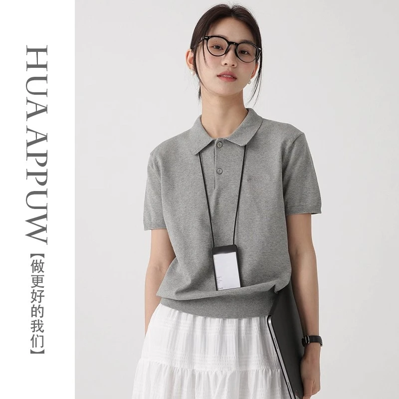 画朴休闲风纯色百搭时尚针织T恤2025夏季新款正肩短袖polo衫上衣