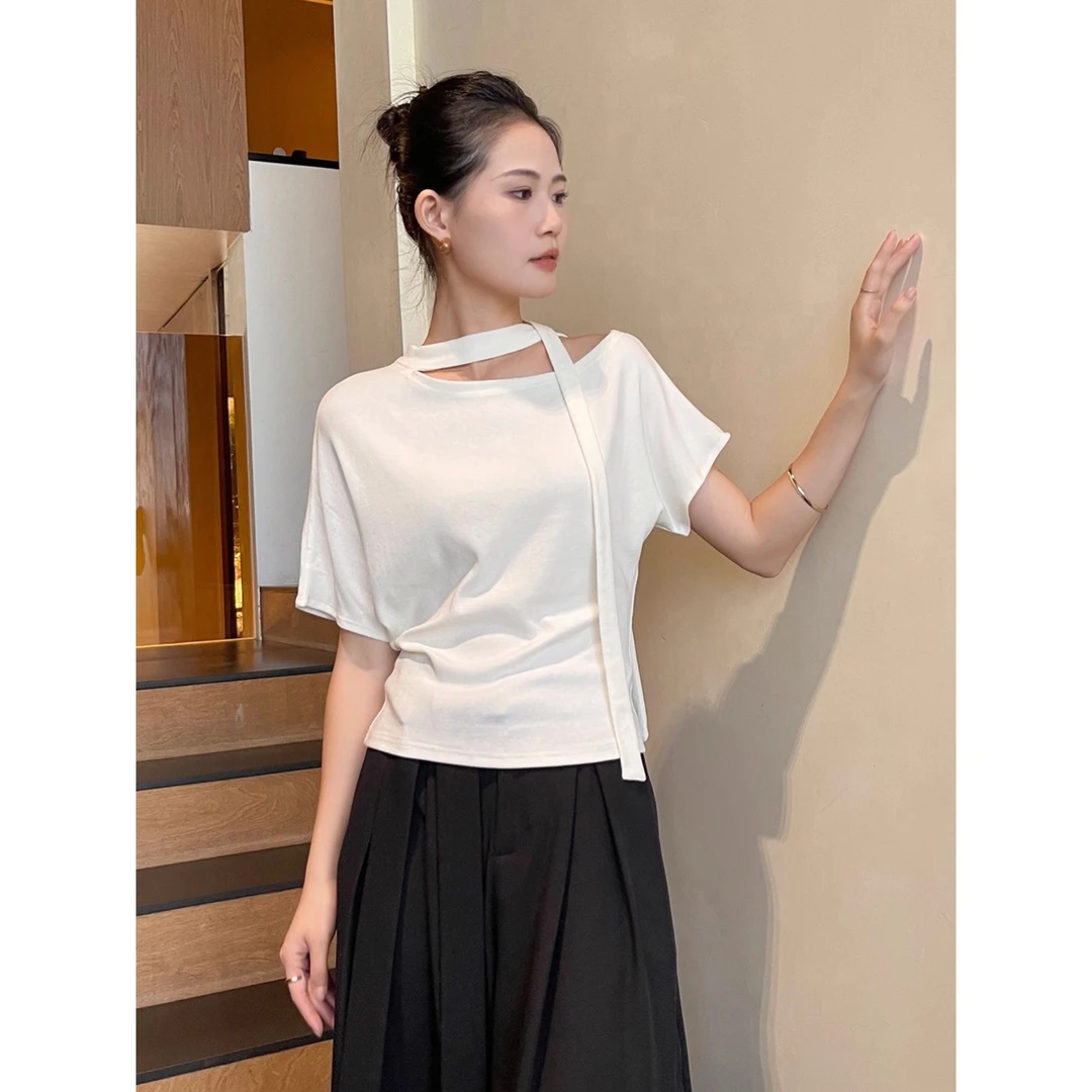 斜肩白色打底衫女2025年新款秋冬简约短袖t恤飘带设计感内搭上衣