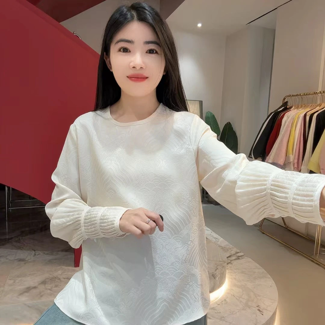 QC 252630 新中式提花压褶祥云百搭款衬衫