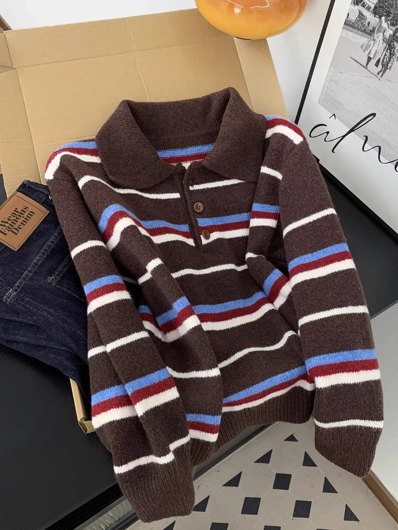 咖色复古小众翻领针织衫女秋冬新款韩系长袖休闲百搭撞色条纹上衣