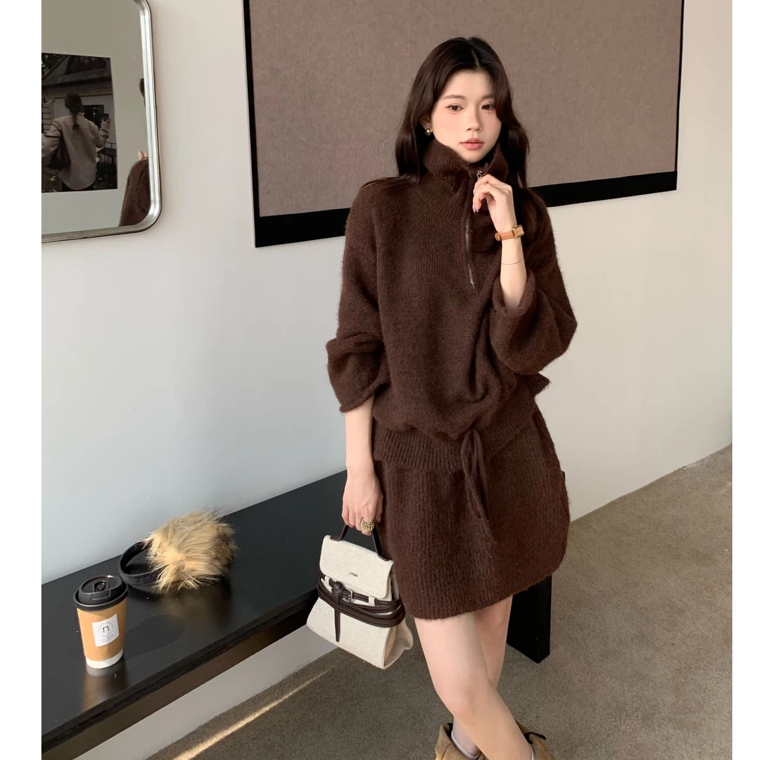 慵懒风休闲风时尚套装显瘦网红针织抽绳拉链毛衣短裙时尚套装潮