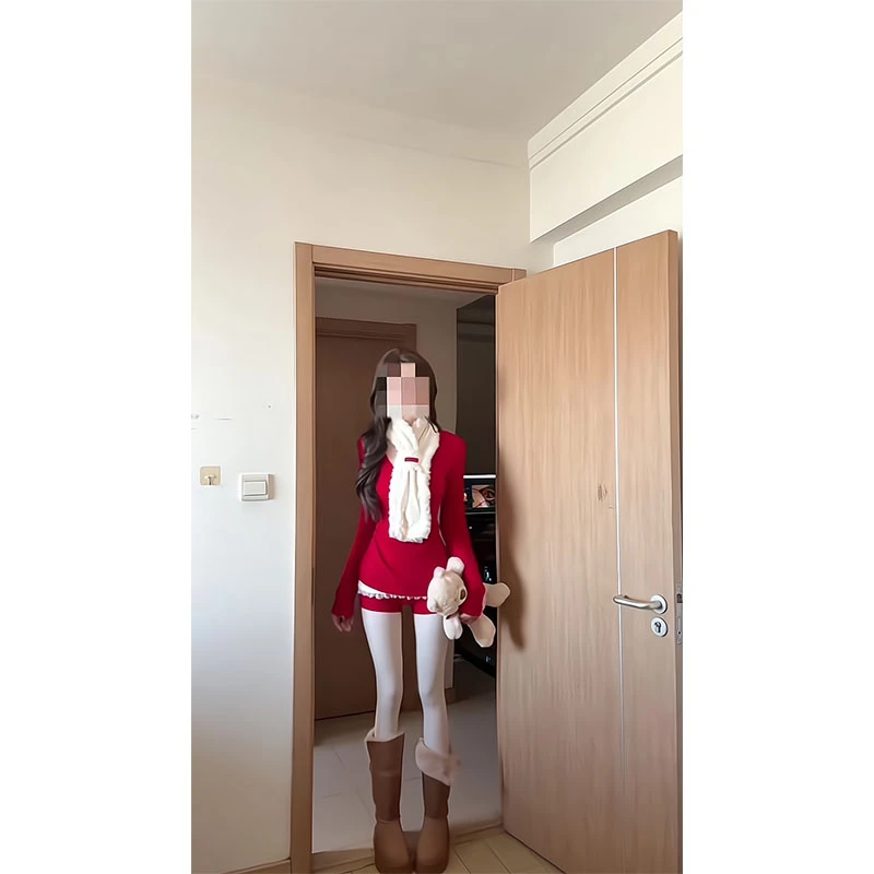 辣妹风红色针织衫扭结上衣女秋冬季圣诞穿搭套装直筒显瘦百搭短裤