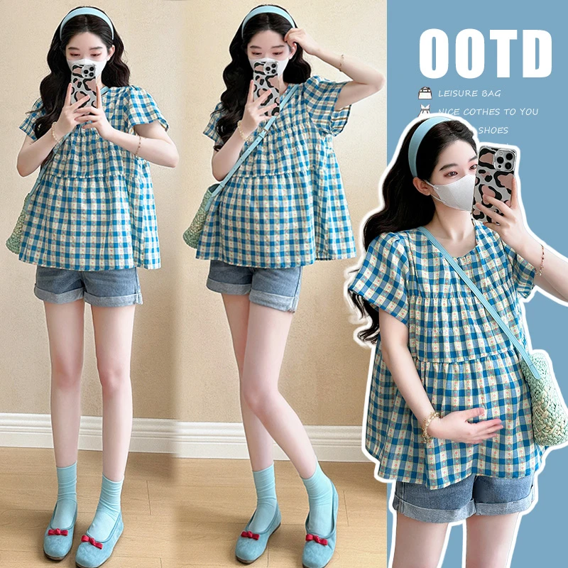 夏季新款孕妇宽松遮肚格子短袖圆领娃娃衫通勤时尚上衣显瘦休闲