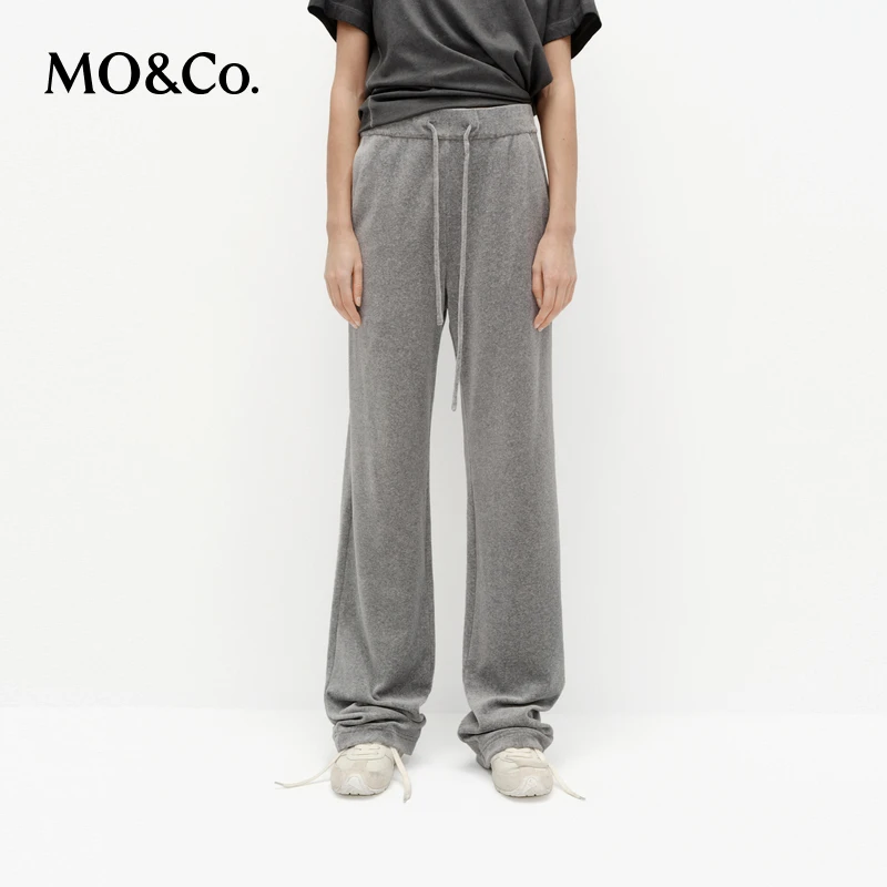 MOCO休闲裤2025春新品手工剪毛细绒厚实抽绳高腰直筒MBE1PAT016