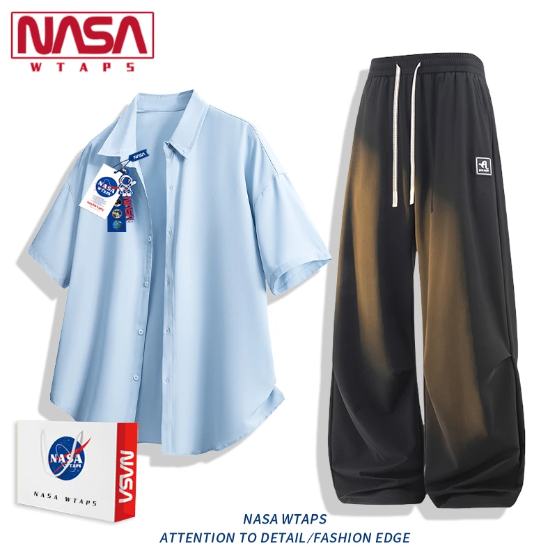 NASA WTAPS冰丝薄款短袖衬衫男款夏季凉感宽松休闲衬衣长裤两件套