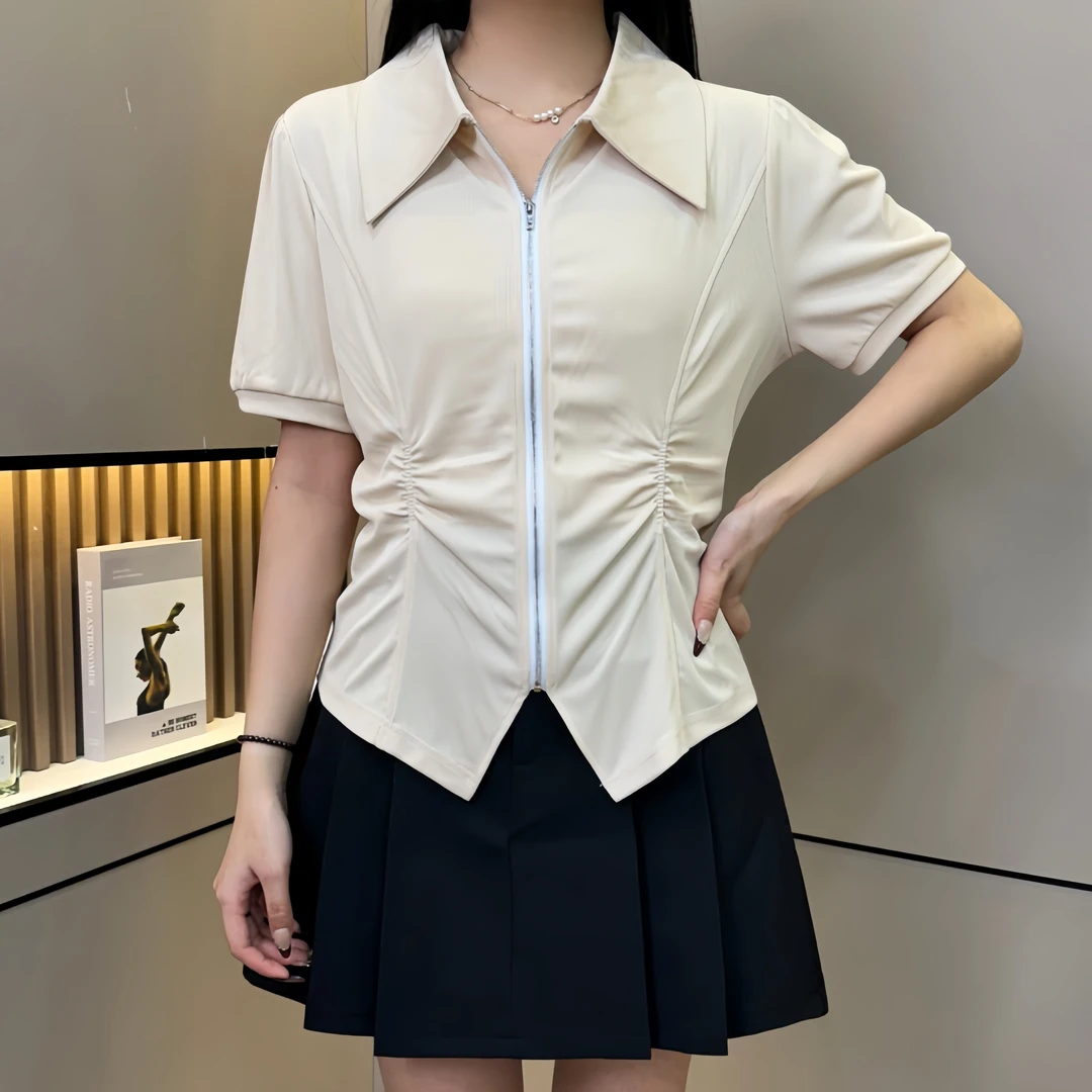 胖MM瑶 D25007夏季新款设计感Polo领拉链港风半袖上衣短袖t恤女