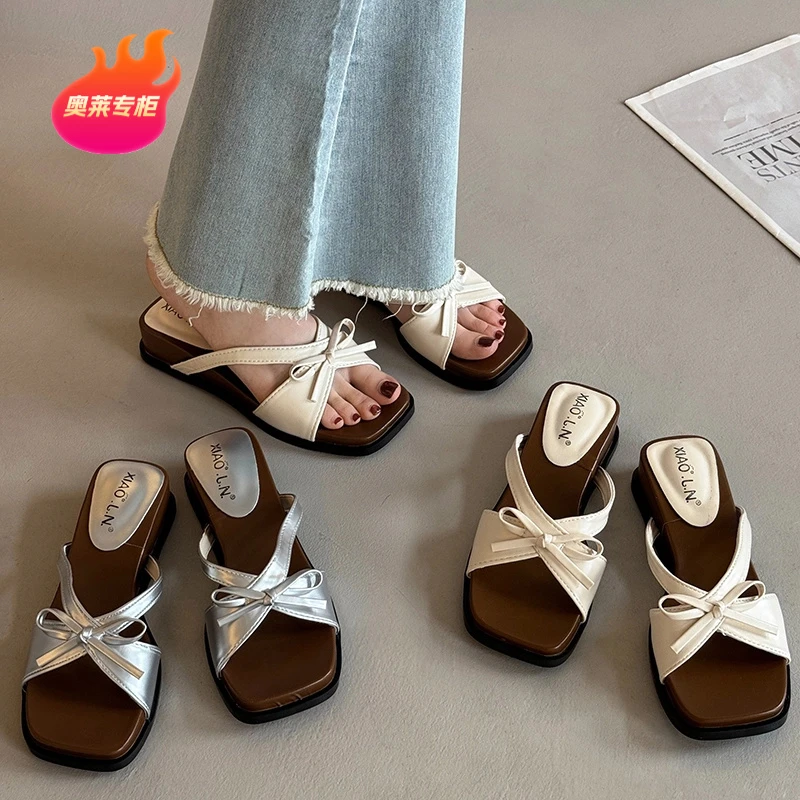 【奥莱专柜】拖鞋女夏外穿2025新款韩系复古百搭蝴蝶结配裙子厚底