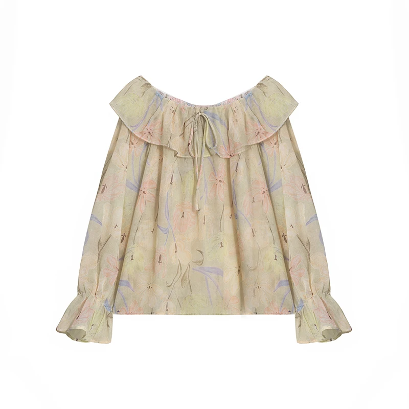 【私人高定】花边领系带花朵印花减龄一字肩小衫A3018