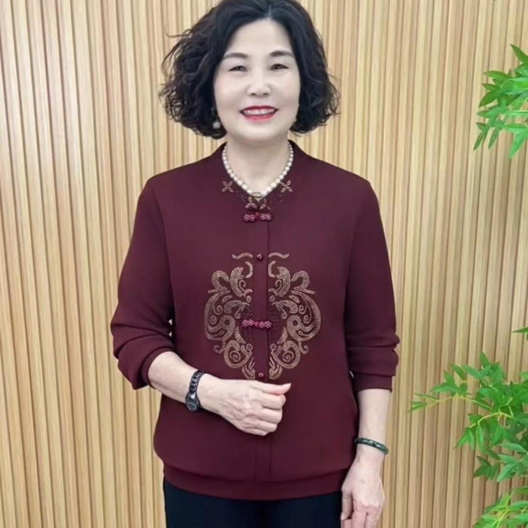 薄款民族风厚款中国风中老年女装长袖妈妈装时尚V9915