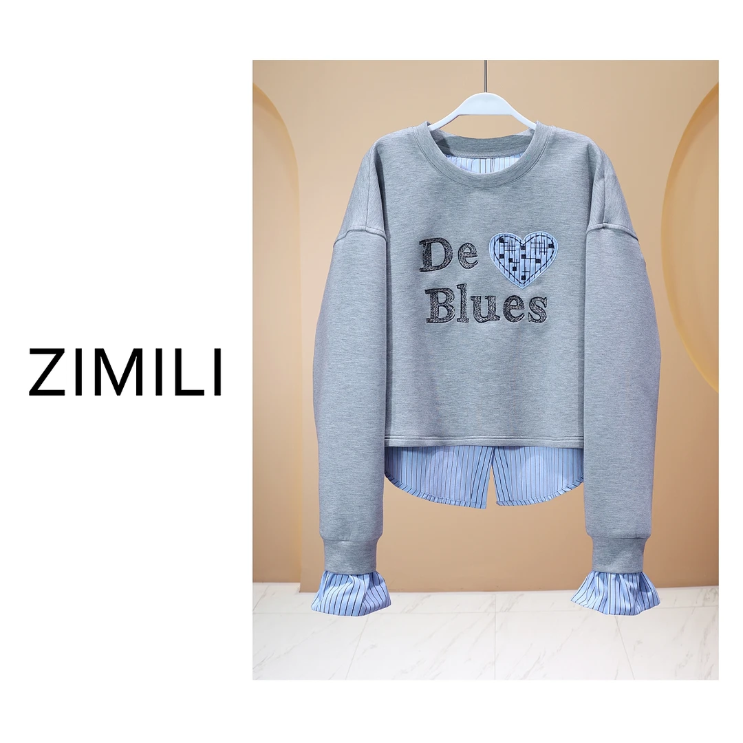 【LIANG哥女装】2025欧货银灰色立体刺绣拼接衬衫假两件卫衣6281