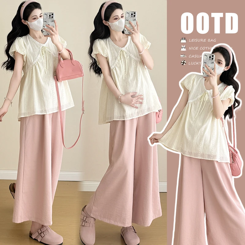 2025新款夏装镂空蕾丝上衣孕妇装宽松显瘦短袖+休闲阔腿裤两件套