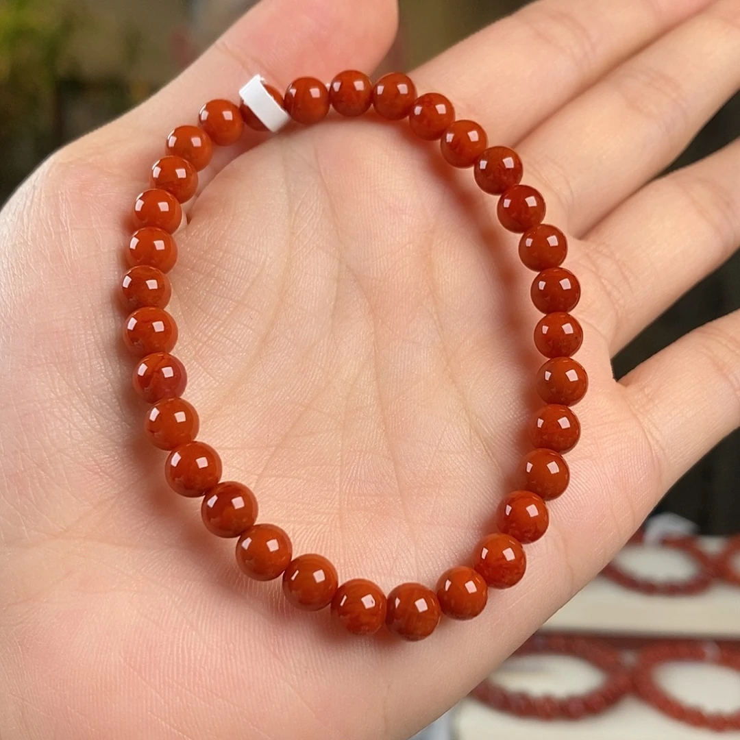 南红玛瑙未镶嵌手串原矿无胶6mm 柿子红瓦西4a级别