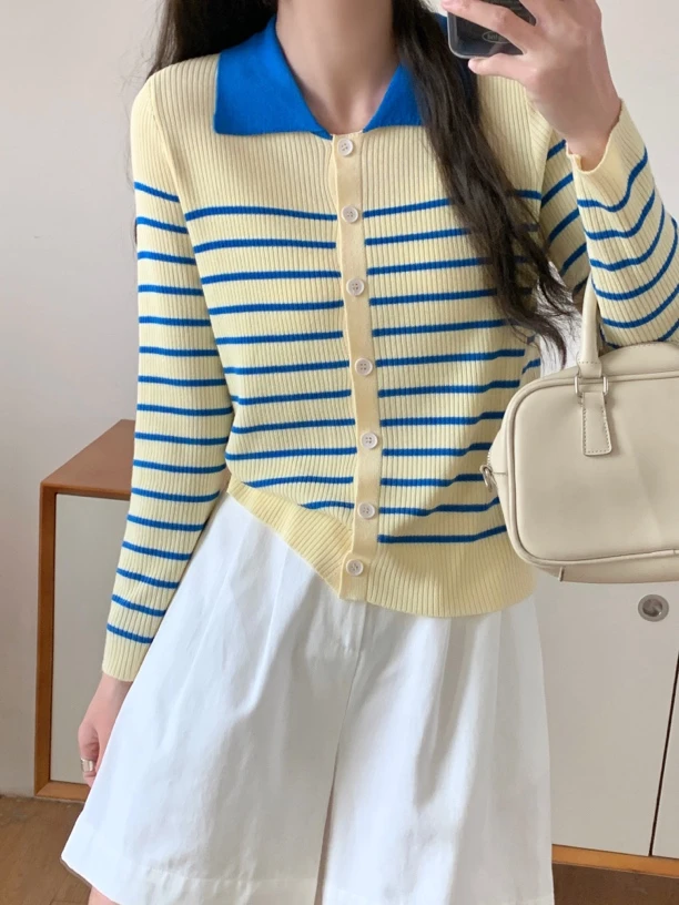 新疆包邮【C31】条纹polo领针织衫-衣长54