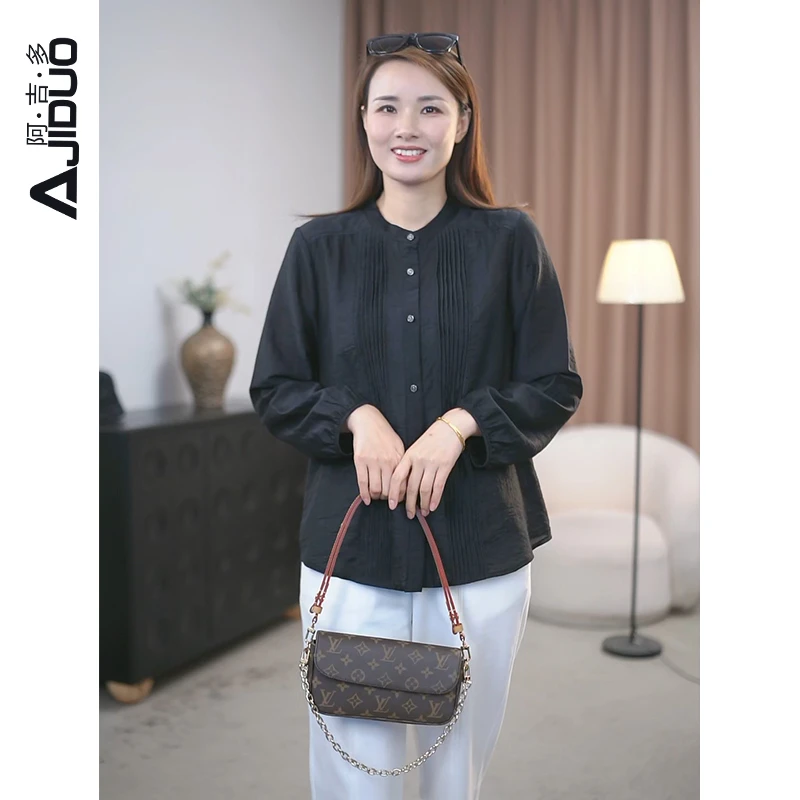 阿吉多A31203圆领长袖衬衫女2025春装新款气质风琴褶宽松精致上衣