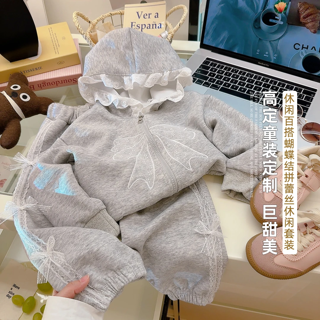 儿童休闲百搭蝴蝶结拼接蕾丝休闲连帽卫衣套装