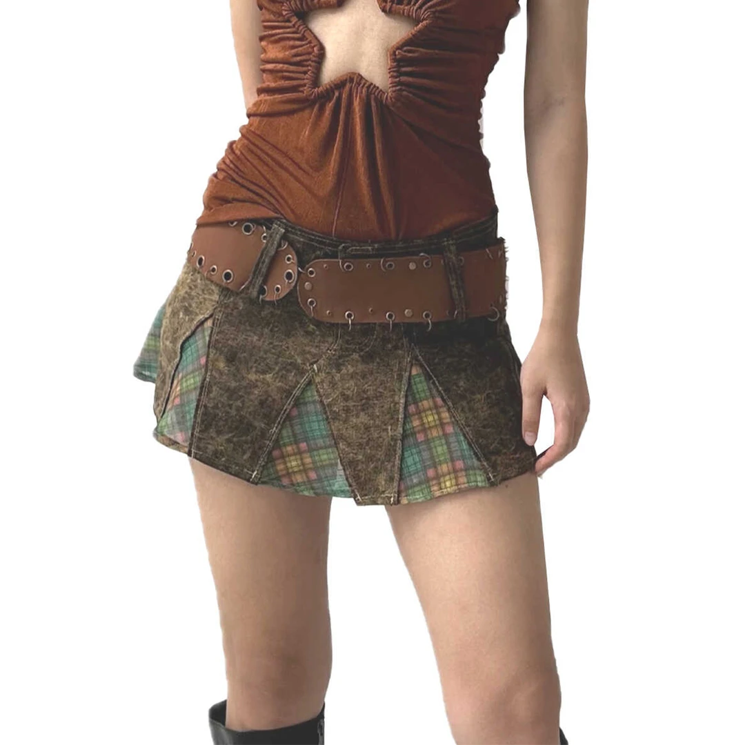 Taottao 拼接格纹做旧扎染格子迷你半裙拼接短裙西部辣妹