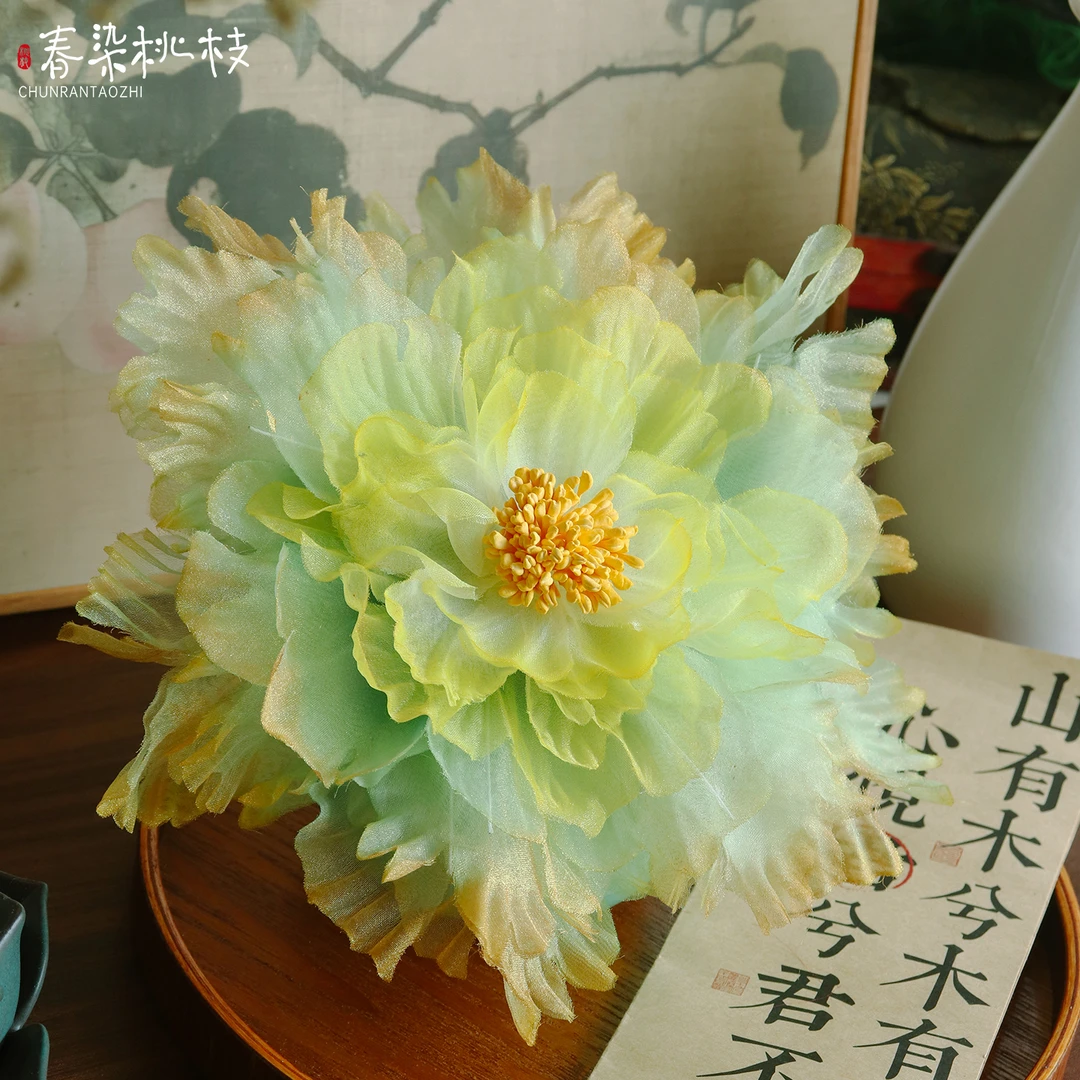 【春染桃枝】超大20厘米古风牡丹发饰绢纱烫花侧边夹唐风汉服头饰