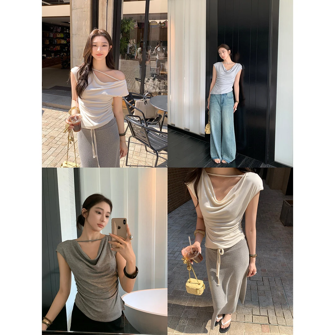 安酒月【天丝T】韩系简约天丝荡领扭结短袖T恤高级感百搭休闲上衣