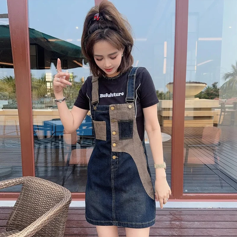 高含棉韩版休闲气质撞色牛仔背带裙女2025年夏季新款修身显瘦裙子