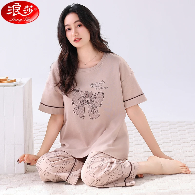 浪莎睡衣女夏季纯棉短袖七分裤圆领套头大码休闲家居服套装可外穿