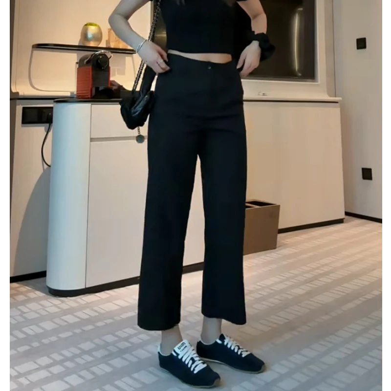 梨型身材穿搭2025年早秋新款大码直筒休闲裤女高腰显瘦弹力法棍裤