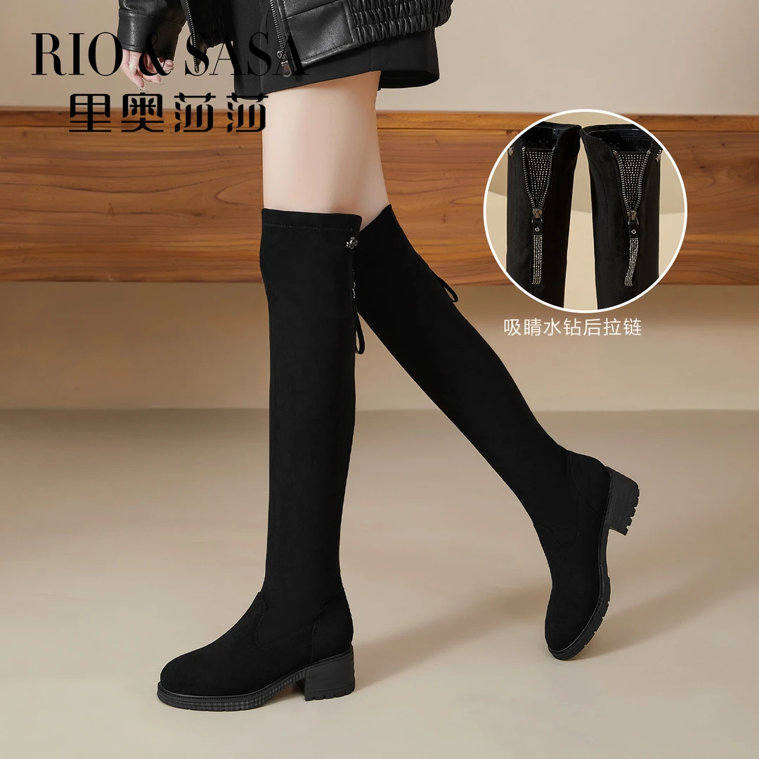 里奥莎莎舒适过膝靴女2025秋冬黑色加绒显瘦厚底弹力瘦瘦靴RM5050