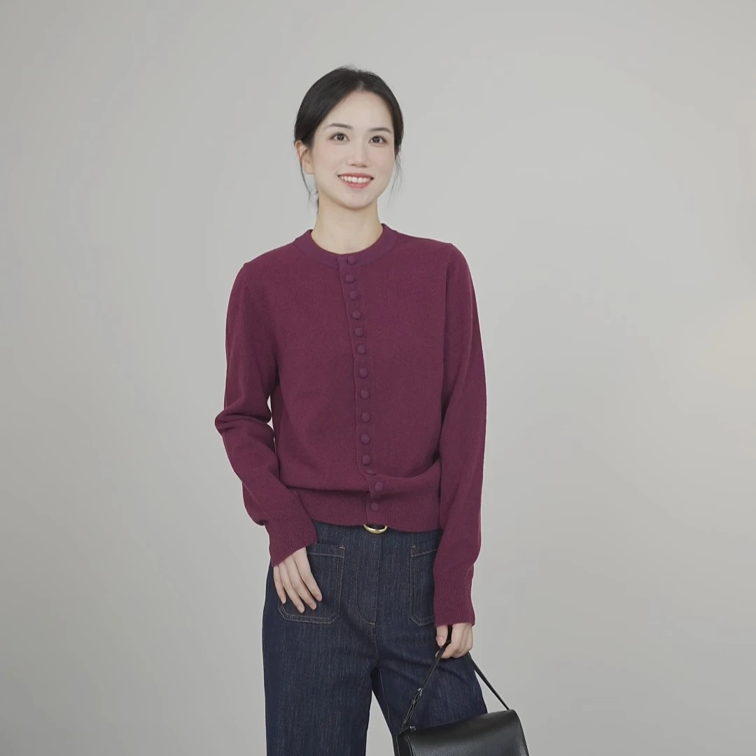 小禾【九紫离火】100绵羊毛圆领单排扣外搭紫针织开衫设计感针织衫
