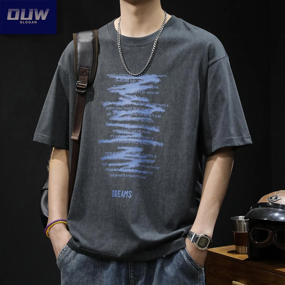 O.U.W美式复古重磅短袖t恤男士潮流衣服夏季2025新款大码男装体恤