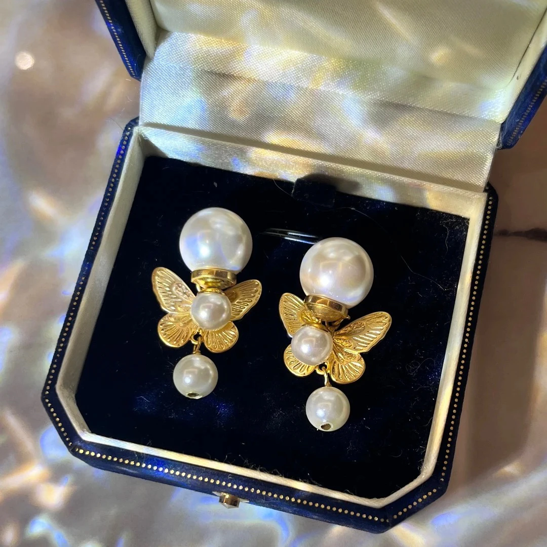 铜合金仿珍珠耳饰 复古前后戴蝴蝶耳环 B1005