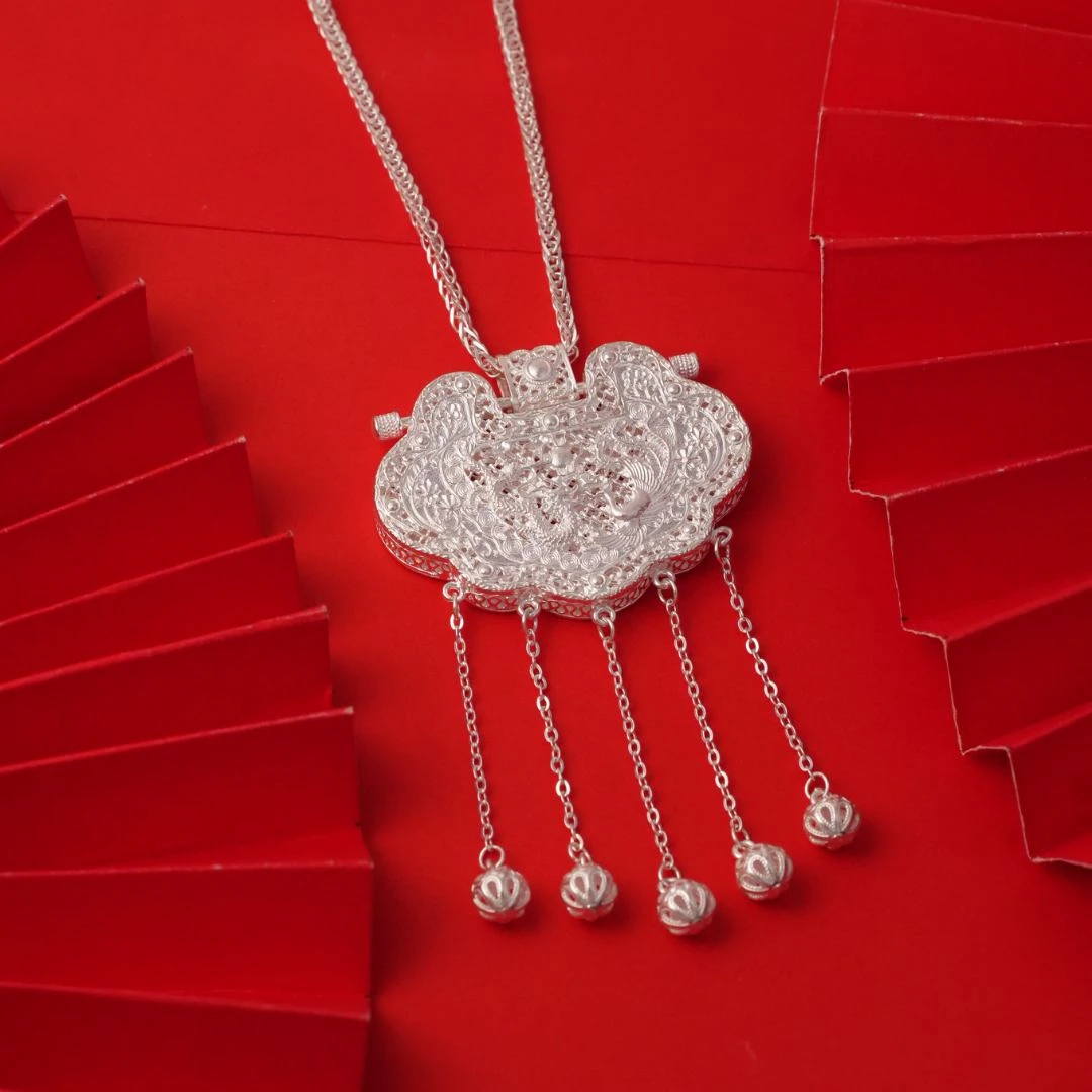 足银银制品 【天子门生项链】黔喜银饰精美手工镂空花丝龙凤呈祥