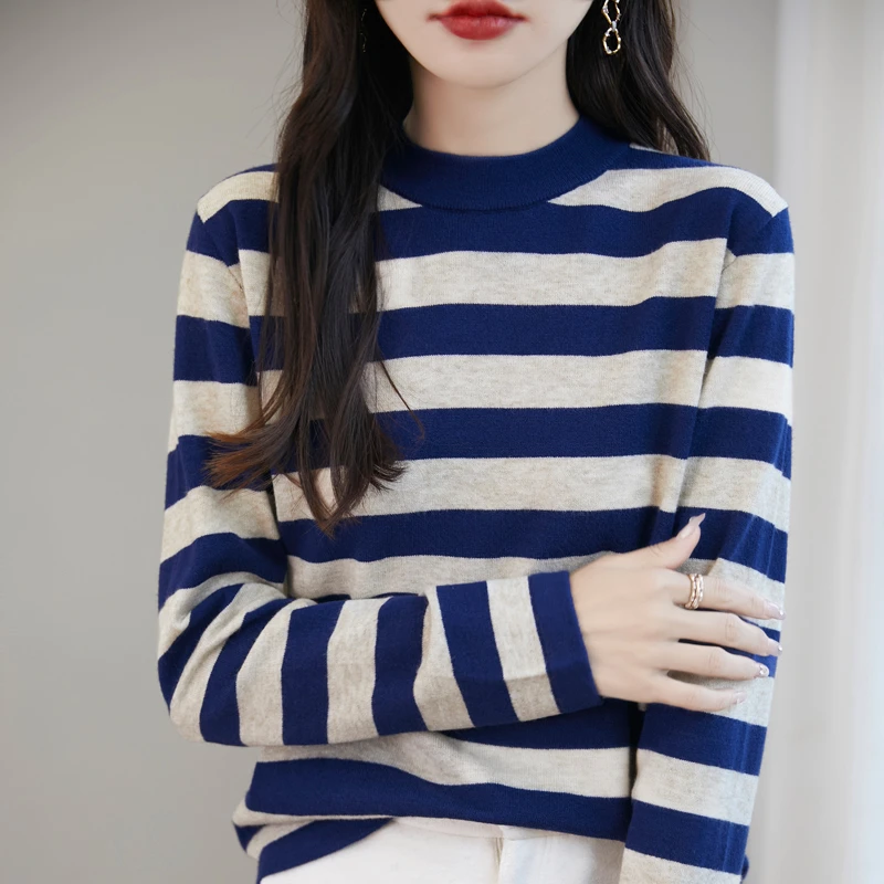 精纺半高领条纹毛衣长袖保暖套头针织衫春秋打底衫