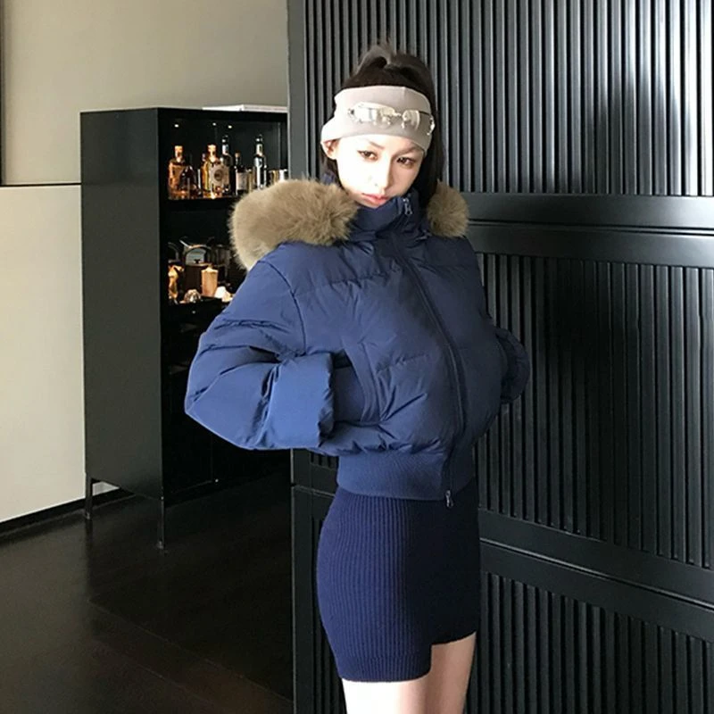 美式时尚复古藏青色冬季毛领连帽收腰加厚短款小个子保暖棉服女