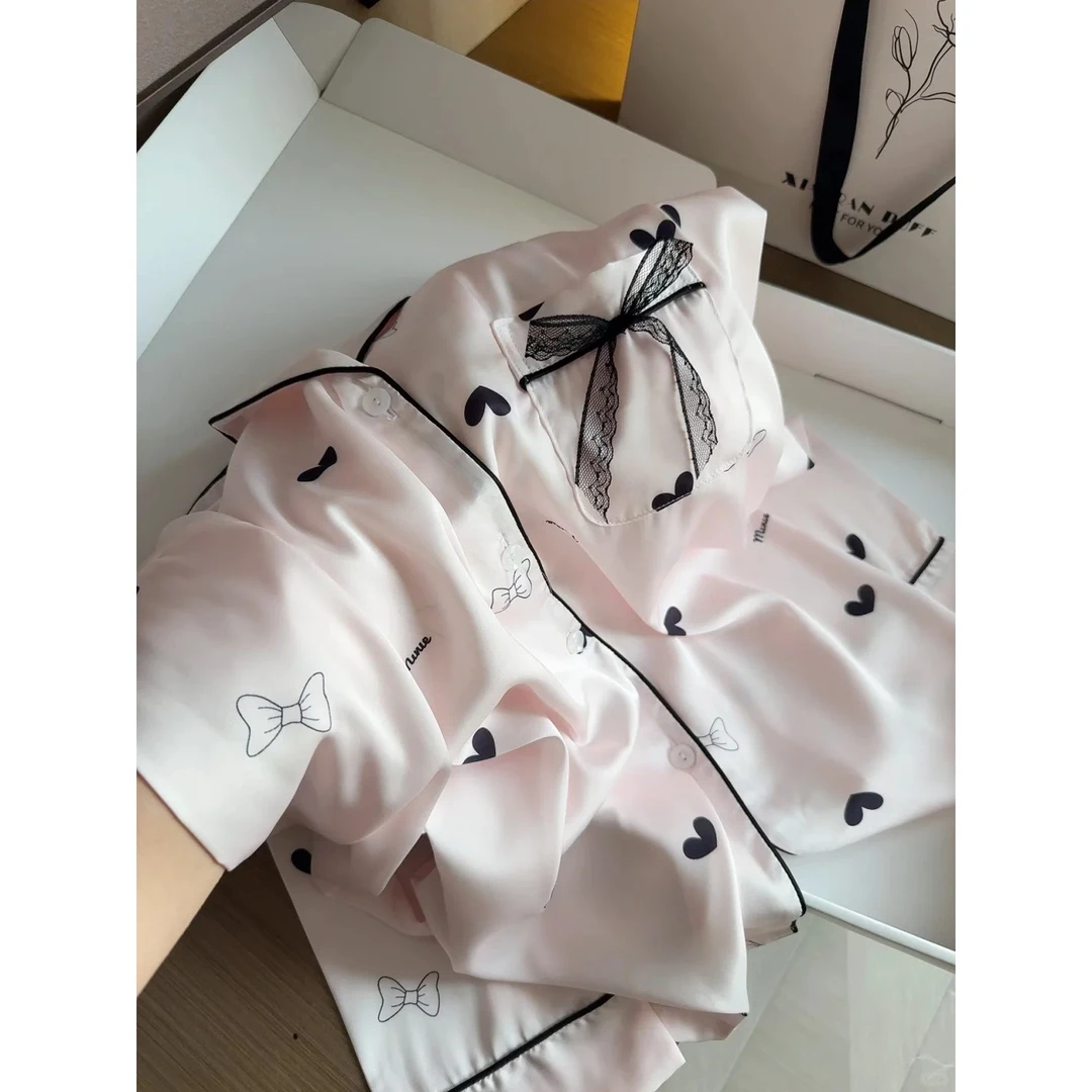 【爱心蝴蝶结】甜美高级感冰丝睡衣女套装2025新款春夏薄款家居服女