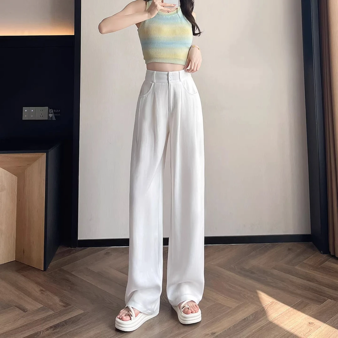 白色抗皱天丝亚麻阔腿裤女夏季薄款2025新款小个子高级感垂感裤子