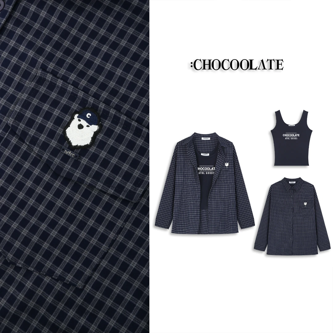 :CHOCOOLATE两件套长袖格子衬衫+字母印花背心CCLTSXKL03000