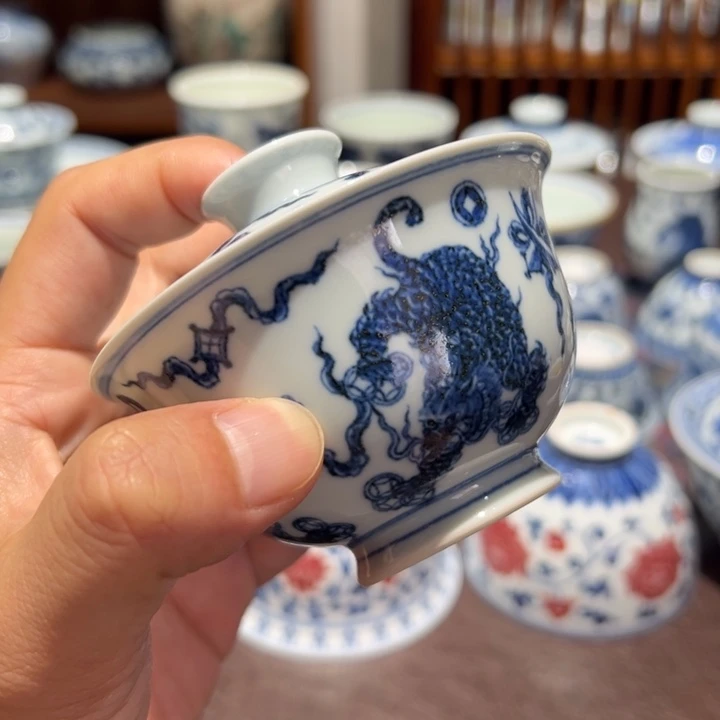精品青花金钱豹二才盖碗约120毫升