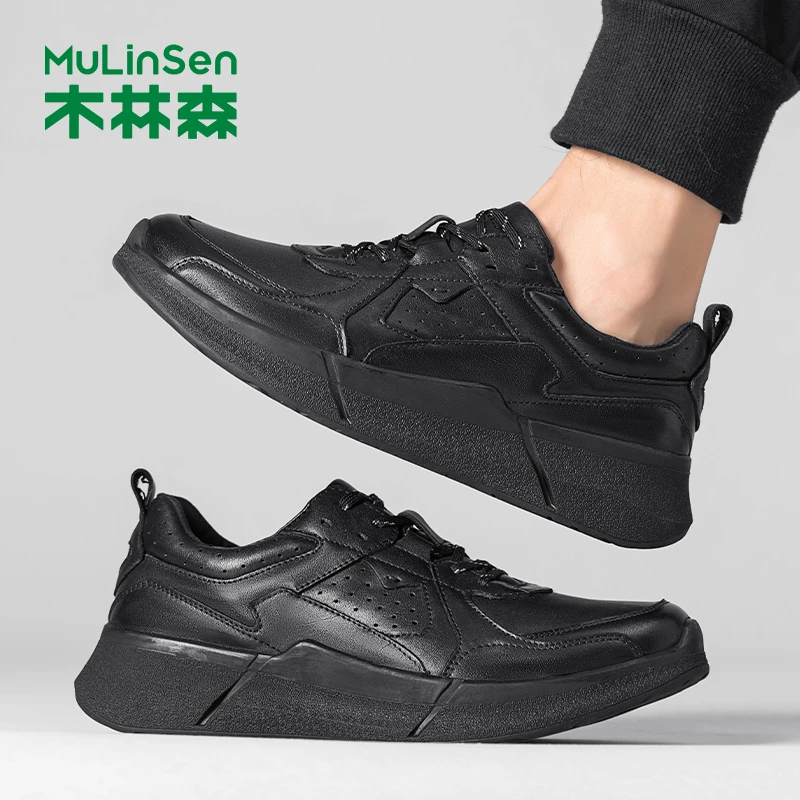 木林森男鞋舒适休闲皮鞋轻便跑步百搭减震真皮复古软皮低帮通勤
