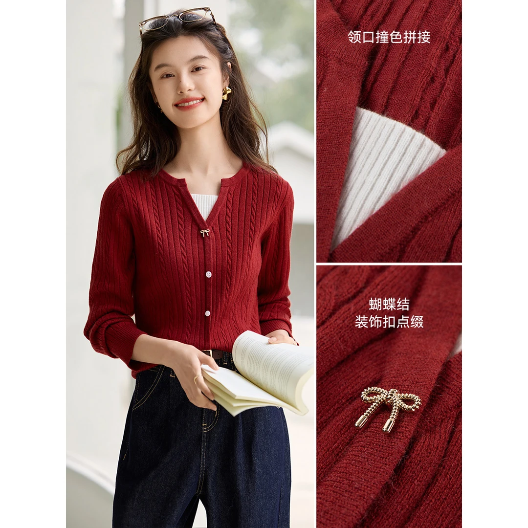 沫晗依美红色假两件针织衫2025春季新款假两件蝴蝶结装饰撞色上衣