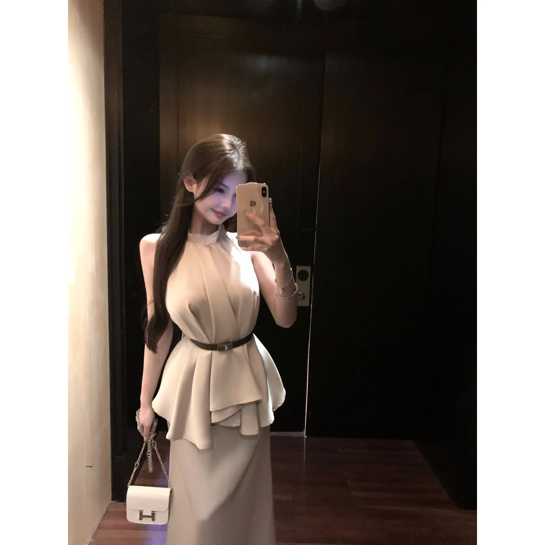 法式名媛风高级感无袖挂脖气质缎面上衣半裙套装