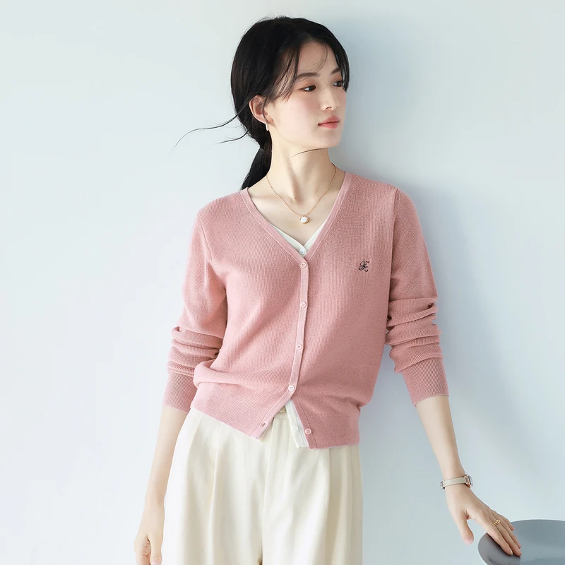 伊芙丽羊毛亲肤假两件撞色穿搭V领针织开衫女上衣25春季欧若风