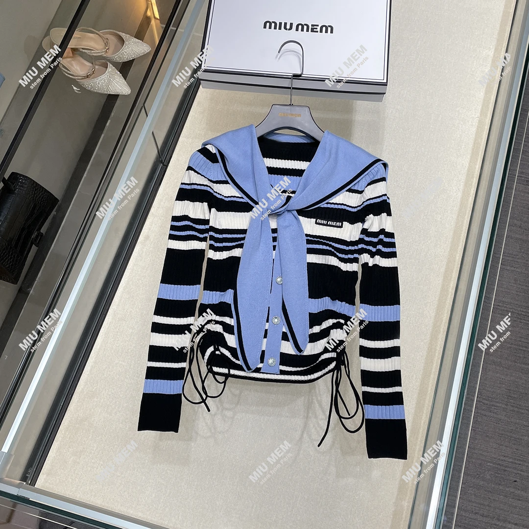 轻奢高端学院风撞色条纹海军领针织衫女短款长袖套头上衣DY5334