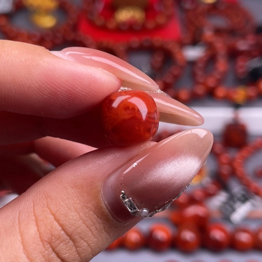 南红玛瑙未镶嵌其他原矿）11.3mm瓦西玫瑰红火焰纹满肉老型单珠