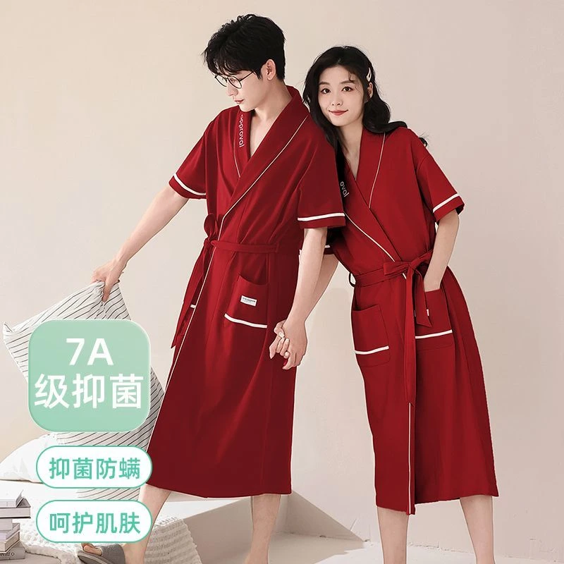 红色结婚情侣睡袍夏季短袖晨袍100%纯棉家居服男女夏天本命年睡衣