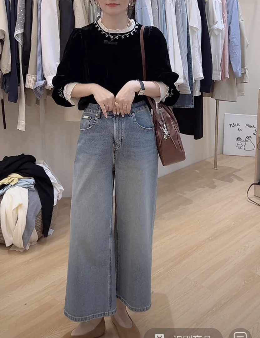 UM99888韩系领口袖口刺绣丝绒衬衫显瘦