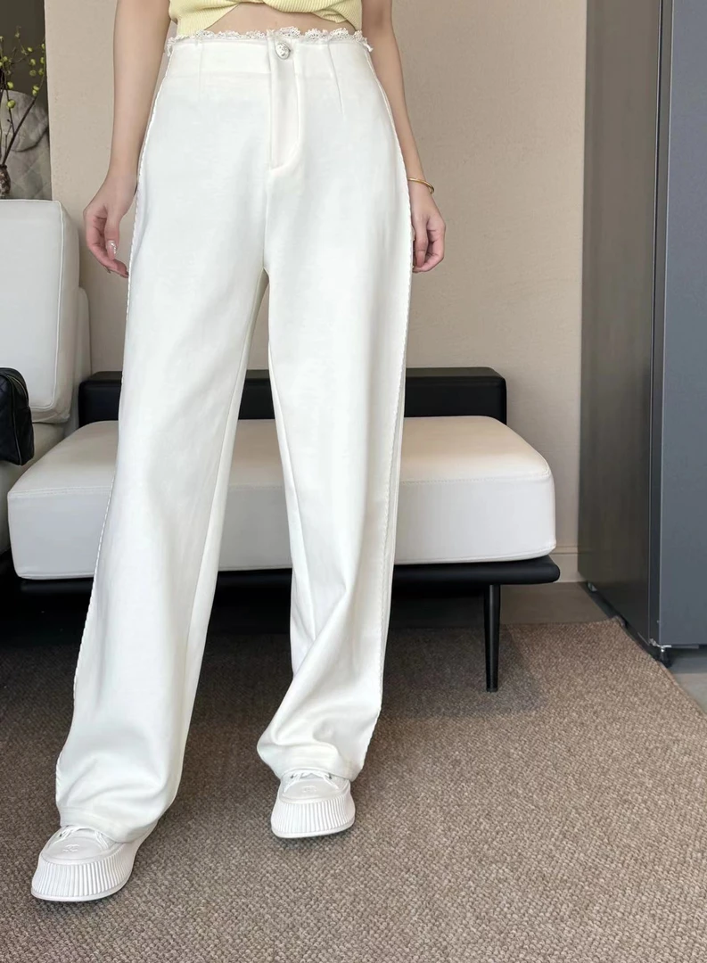 深圳南油2025腰边拼蕾丝黑白两色长裤28797