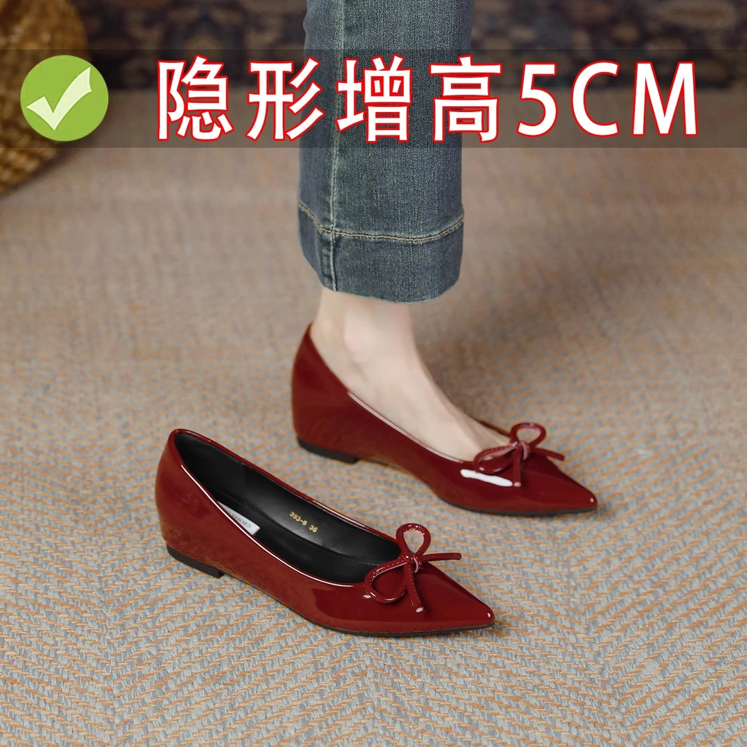 羊皮版~3cm内增高尖头酒红色气质风浅口女鞋一脚蹬蝴蝶结温柔单鞋