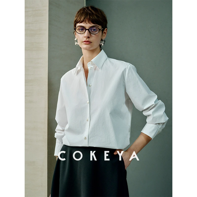 COKEYA/一生一件白衬衣~精梳棉中长款宽松翻领白色长袖衬衫女春秋