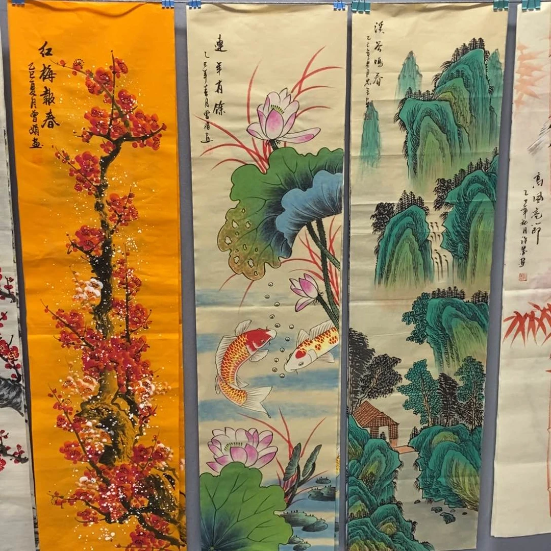 国画?*尺寸140✖️35一套四张手绘荷花鱼条屏