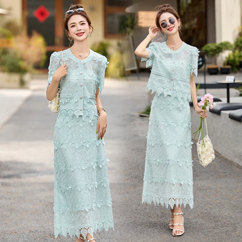 法式小香风蕾丝套装裙女2025夏季新款洋气减龄半身裙两件套短袖